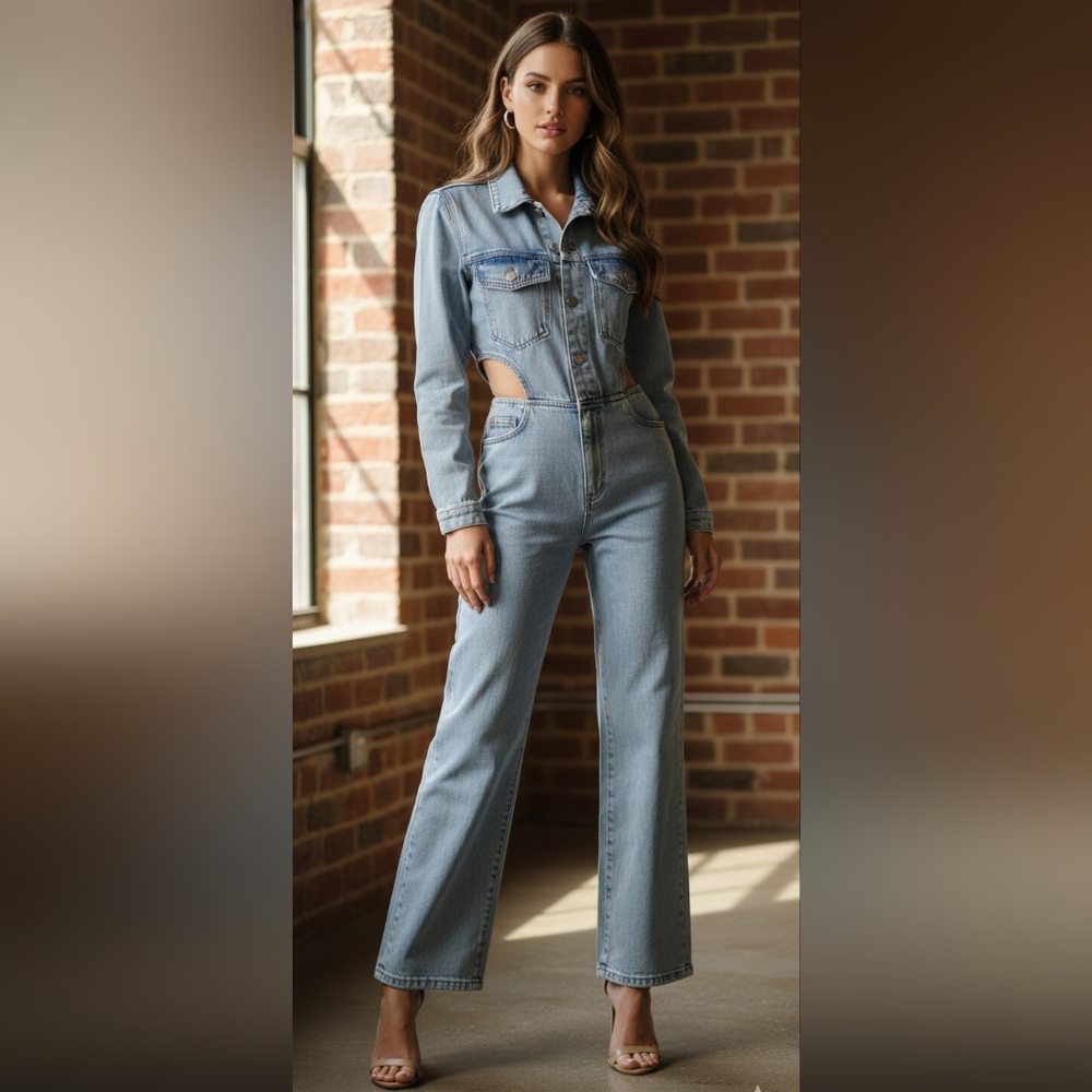 Jeans Jumpsuit Long Sleeve Bootcut Waist Cut Out size 6 Long NWOT Light Wash